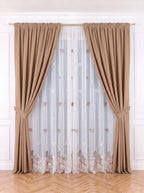 Set · Perdea Voal Ivoriu – frunze brodate împrăștiate + Draperie Blackout Camel Perdele de Poveste