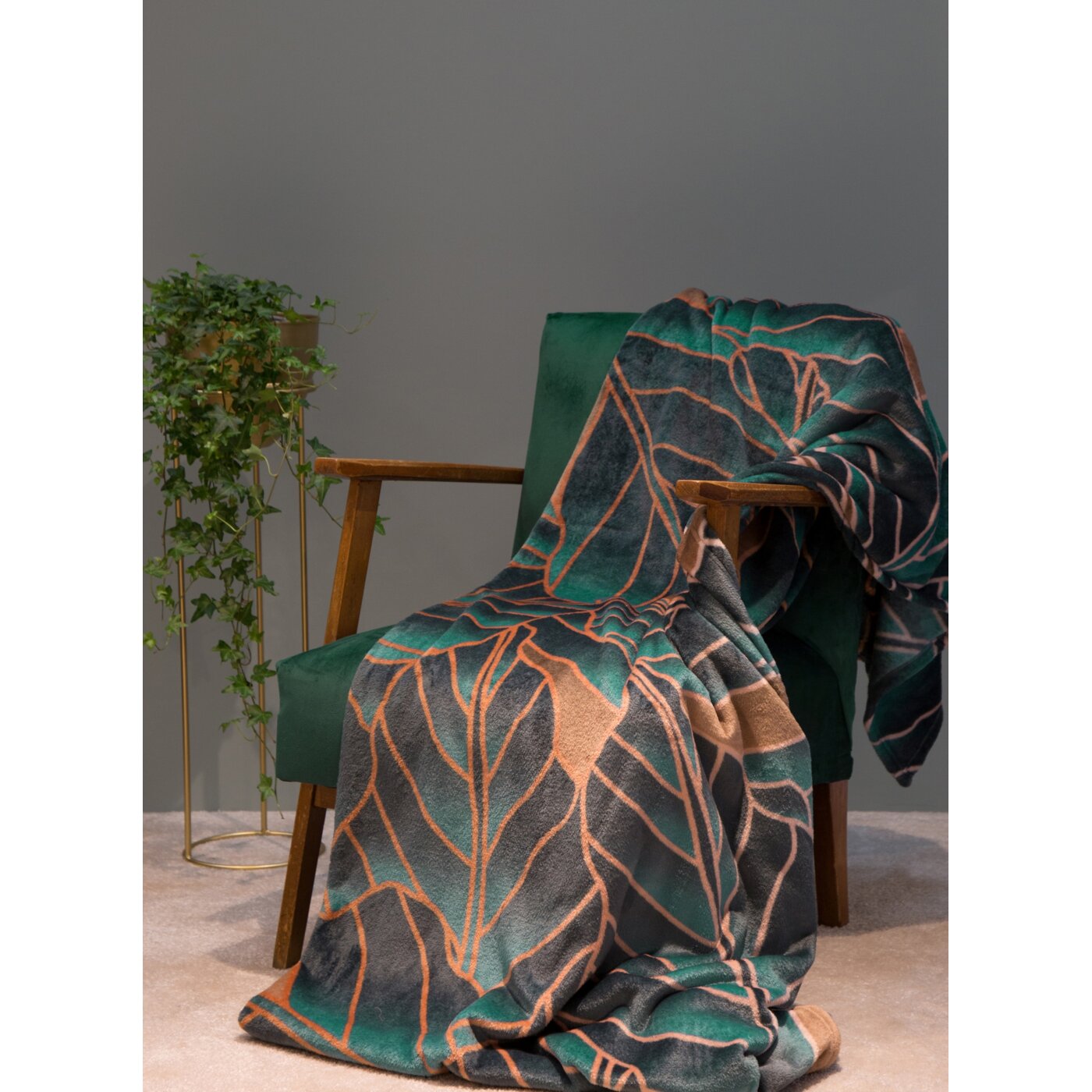 Pătură decorată cu un motiv botanic, turcoaz, maro LILI 1-COLECȚIE LIMITATĂ Perdele de Poveste