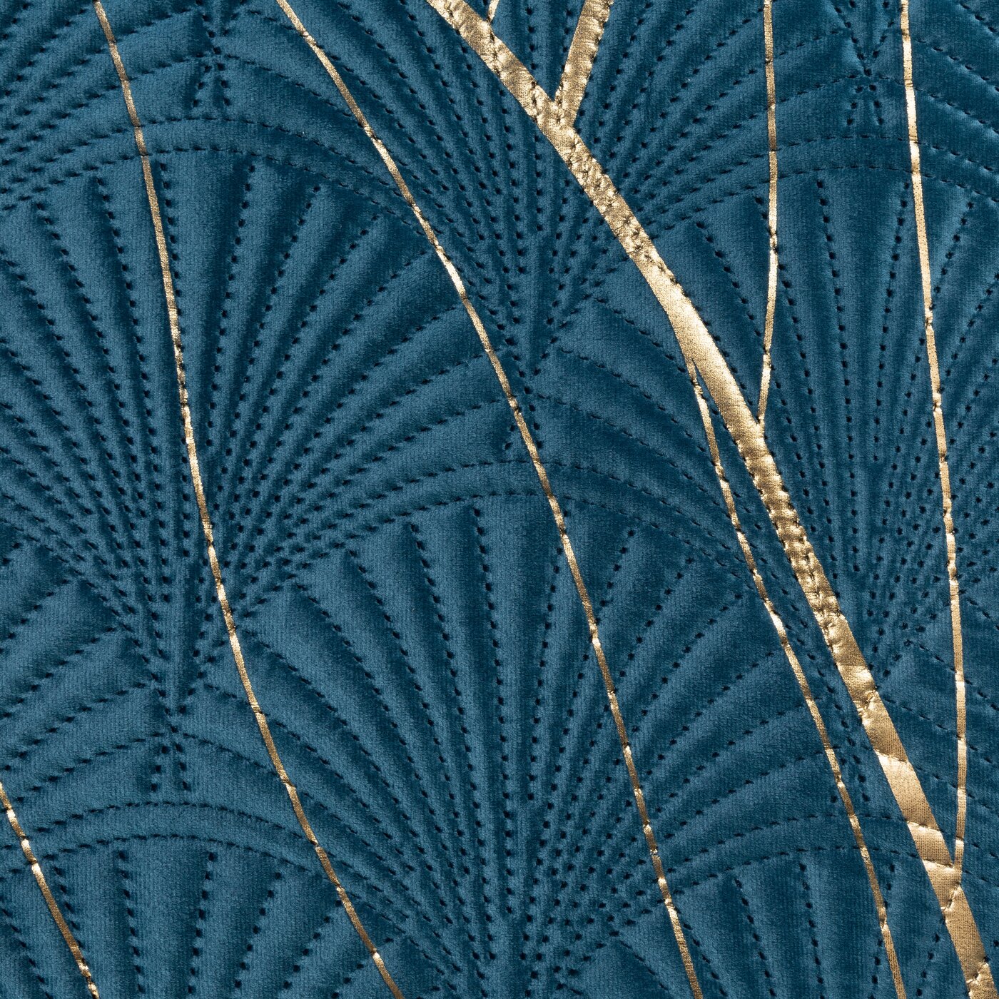 Cuvertură de Pat cu imprimeu auriu flori de lotus, matlasare prin presare la cald bleumarin auriu Colecția Limitată LOTOS 7 Perdele de Poveste