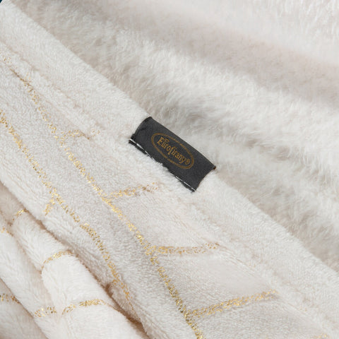 Pătură moale și plăcută la atingere decorată cu motiv de frunze de banane alb, auriu LUNA 2-COLECȚIE LIMITATĂ Perdele de Poveste