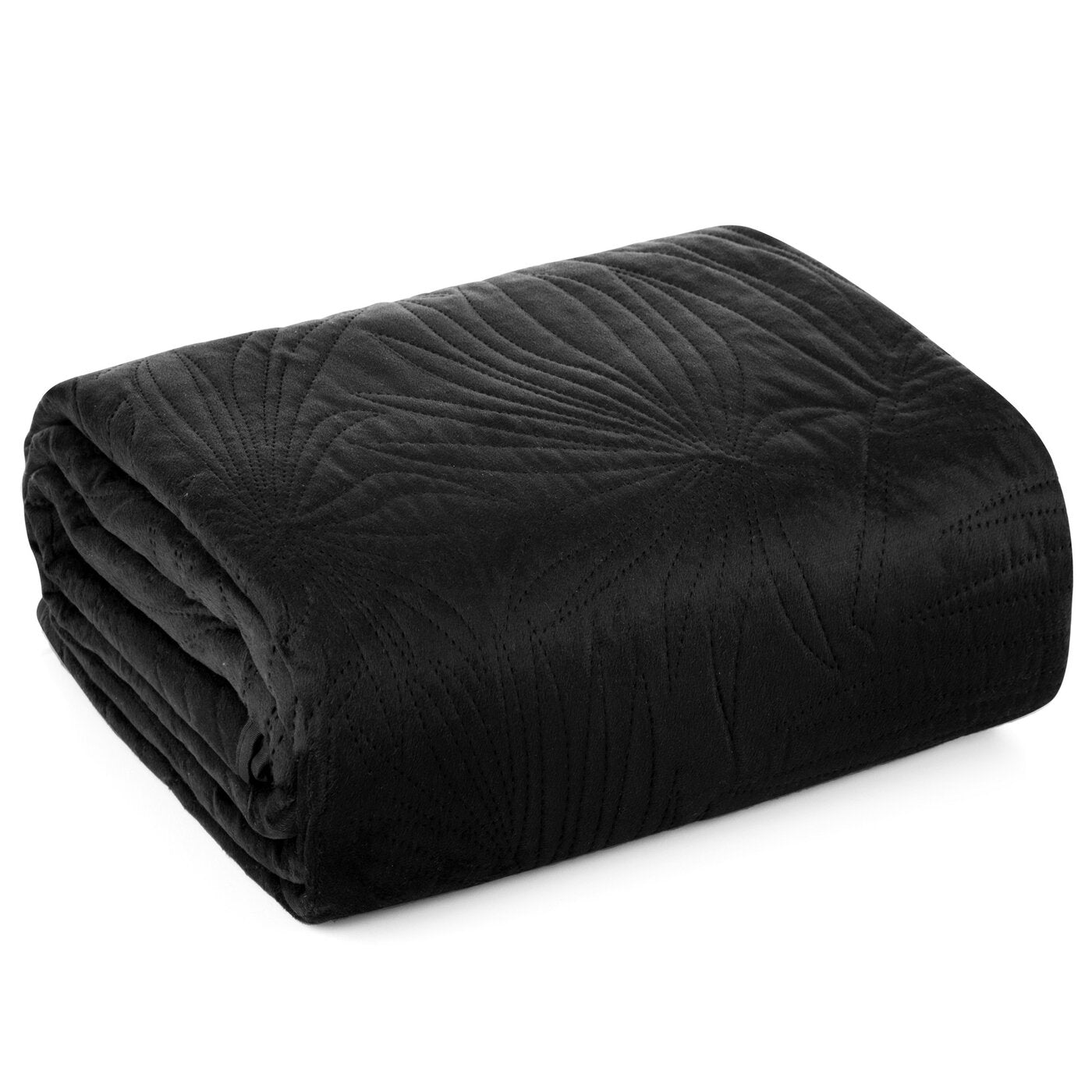 Cuvertură de pat din catifea, matlasată prin presare la cald cu model de frunze negru LUIZ Perdele de Poveste