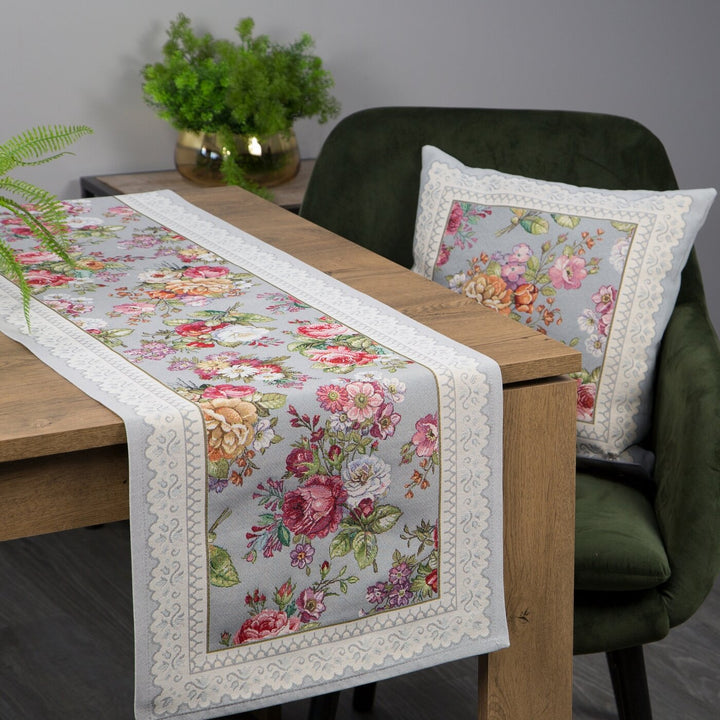 Față de masă cu tapiserie decorată cu motiv floral țesut, gri, roz Perdele de Poveste