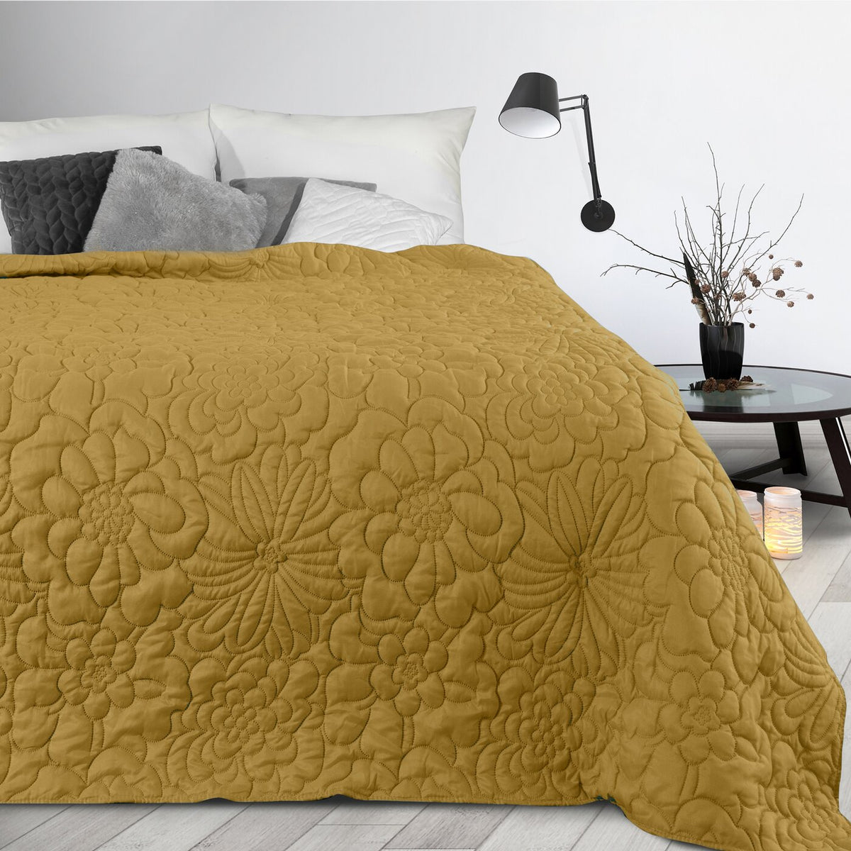 Cuvertură de Pat decorată cu model floral presat la cald muștar Perdele de Poveste