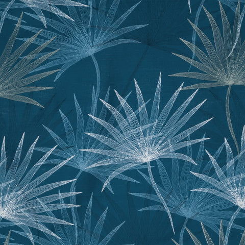 Lenjerie din bumbac macosatin cu model grafic de frunze albastru închis turcoaz închis Colecția Terra Muntenegru 3 Perdele de Poveste